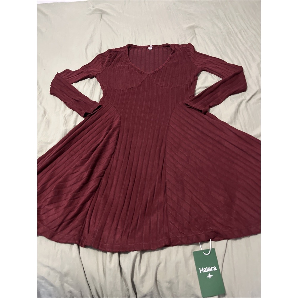 Halara Maroon Burgundy Skater Dress Ribbed  Sz Small Long Sleeve